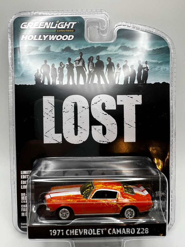 Greenlight Hollywood Series - "Lost" 1971 - Chevrolet Camaro Z28 Orange avec rayures blanches (Version sale)