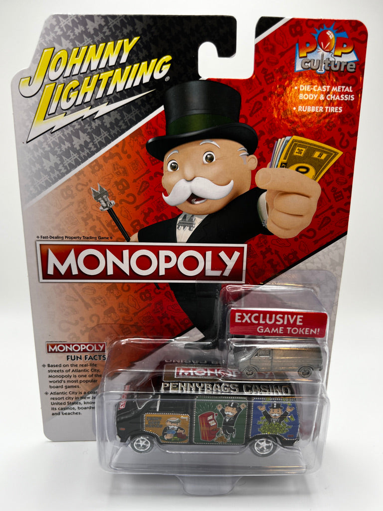Johnny Lightning "Monopoly" 1976 Dodge Van Black "Pennybags Casino" con ficha