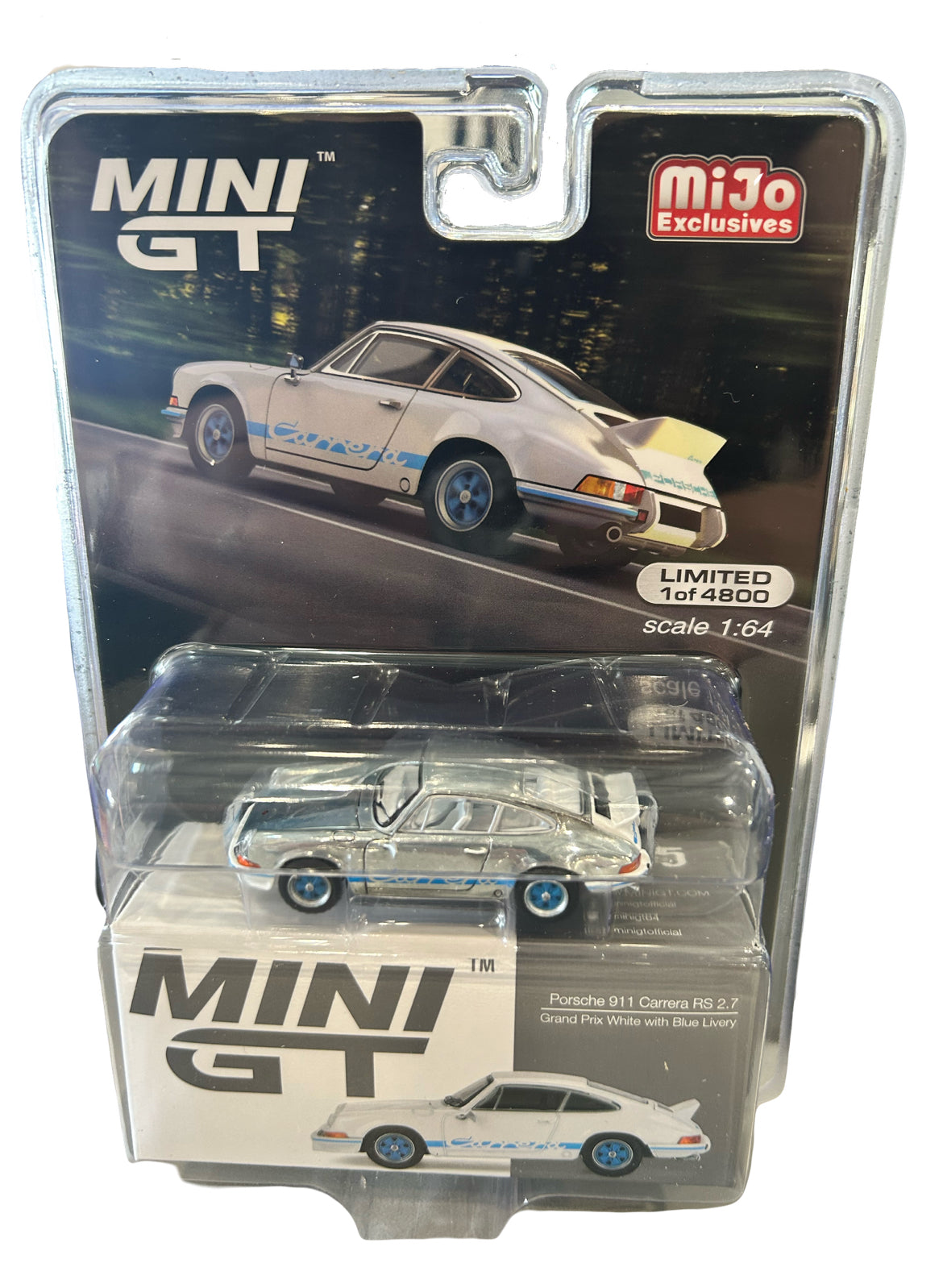 Mini GT Porsche 911 Carrera RS 2.7 Grand Prix (White w/ Blue Livery) (CHASE)
