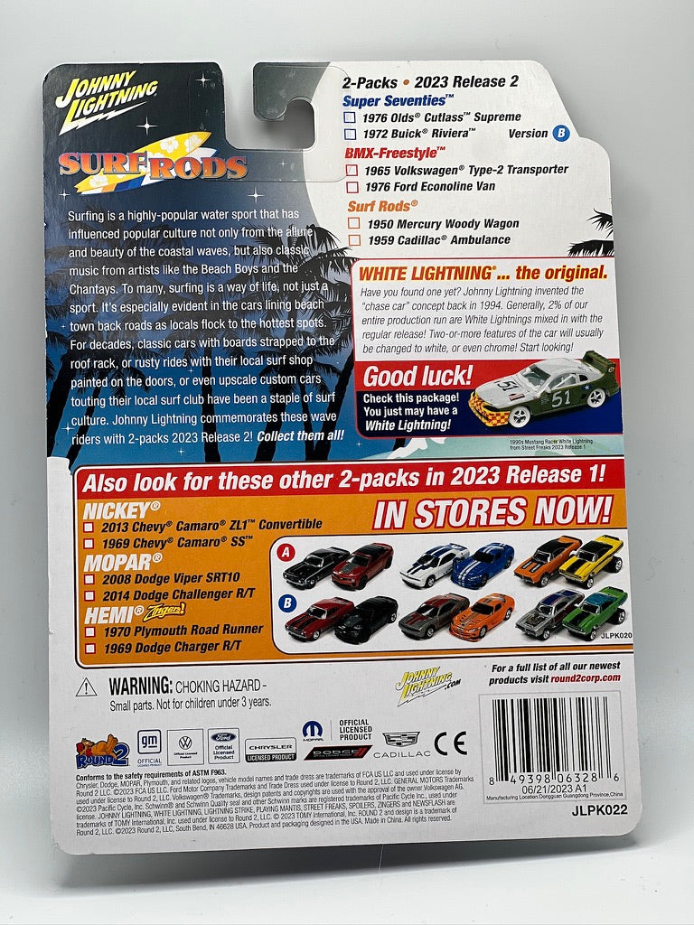 Johnny Lightning Surf Rods Lot de 2 cannes à pêche Mercury Woody Wagon 1950/Ambulance Cadillac 1959