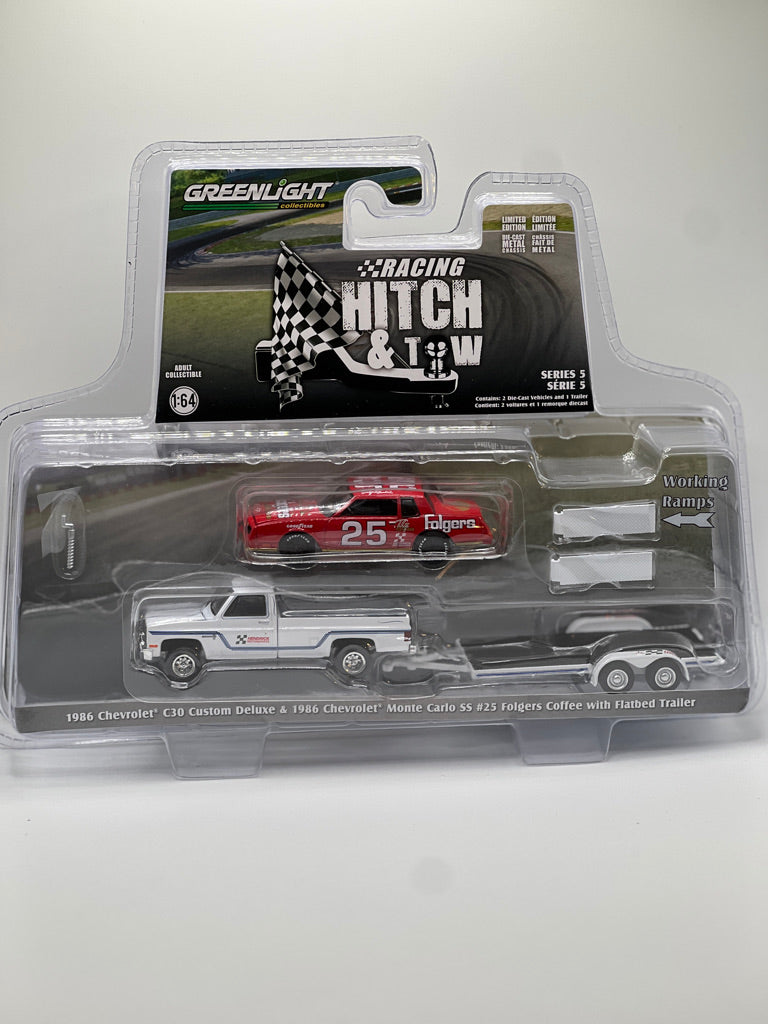Greenlight Racing Hitch & Tow - Hendrick Motorsports - 1986 Chevrolet C30 Custom Deluxe & #25 Folgers Coffee 1986 Chevrolet Monte Carlo SS