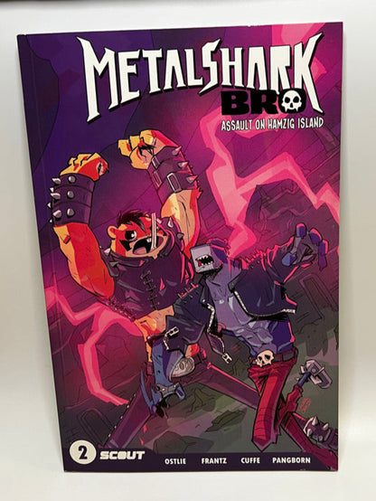 Comic book titled 'Metalshark Bro' on a white surface with a purple background