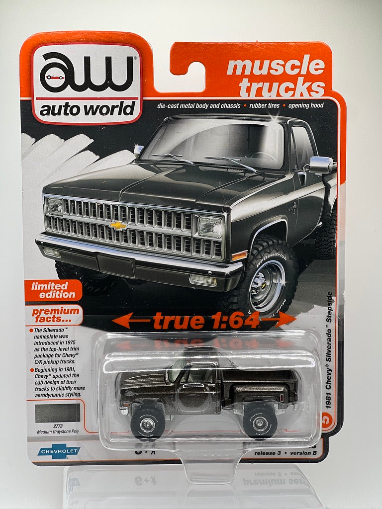 Auto World Premium Muscle Trucks – Chevrolet Silverado R10 Fleetside 1987 (gris poly/noir)