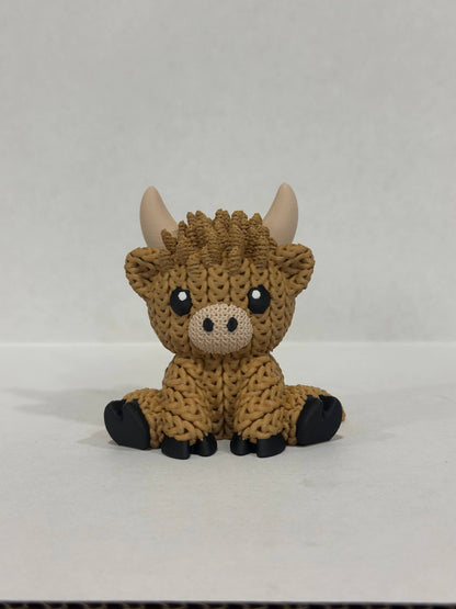 Highland Cow (Short Horns) Figurine 3D Printed Knitted Texture (3" figure) - by Upstate Design Decor