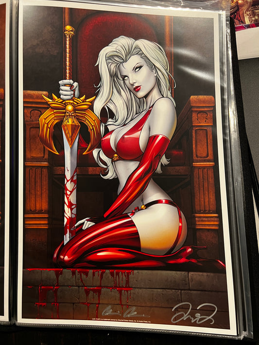 Lady Death Kneeling w/Sword (in red) Print by Mike DeBalfo (Signed)