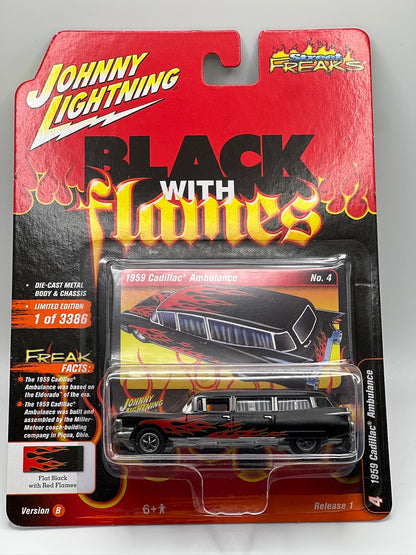 Johnny Lightning Street Freaks - Black w/Flames - 1959 Cadillac Ambulance (Flat Black/w red flames) - 2021 Release 1B