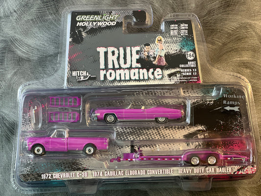 Greenlight Hitch & Tow Hollywood - True Romance - 1972 Chevrolete C-30/1984 Cadillac Eldorado Convertible/Heavy Duty Car Hauler