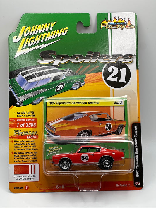 Johnny Lightning Street Freaks - Spoilers 21 - 1967 Plymouth Barracuda Custom (Ultra Orange Metallic w/white stripe)