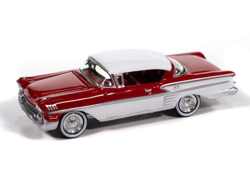 Johnny Lightning Collectors Tin - 1958 Chevrolet Impala (Rio Red and White with Red Interior)