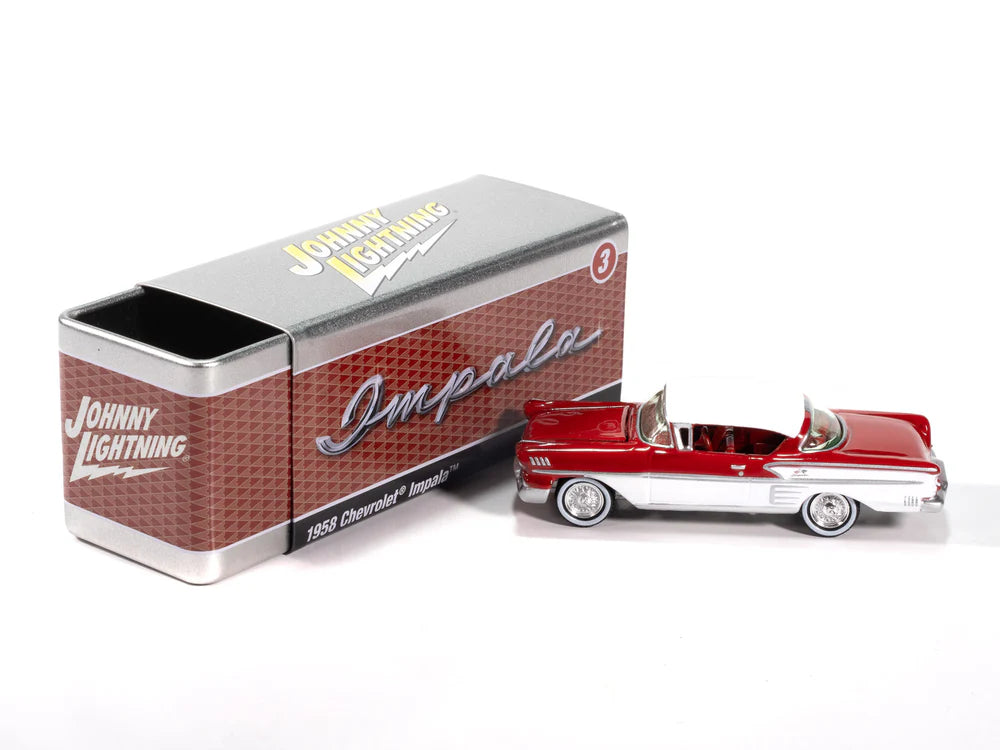 Johnny Lightning Collectors Tin - 1958 Chevrolet Impala (Rio Red and White with Red Interior)