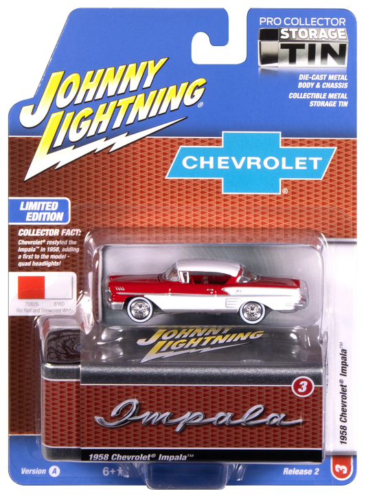 Johnny Lightning Collectors Tin - 1958 Chevrolet Impala (Rio Red and White with Red Interior)