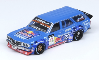 Inno64 - Nissan Silvia (S14) RHD (volant à droite) bleu et violet métallisé avec bande jaune "Tomonori Idekawa's Rocket Bunny Boss"