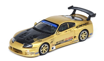 Inno64 - Nissan Silvia (S14) RHD (volant à droite) bleu et violet métallisé avec bande jaune "Tomonori Idekawa's Rocket Bunny Boss"