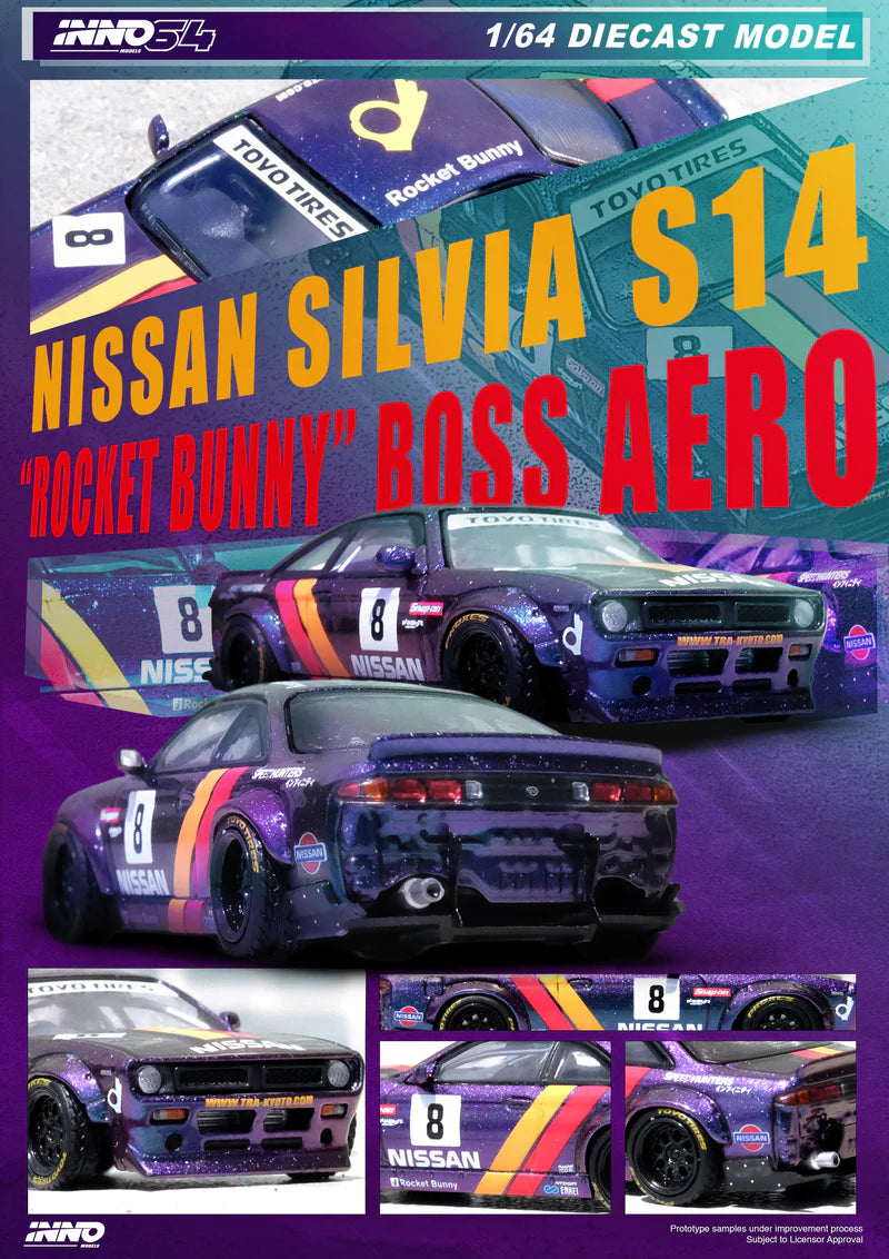 Inno64 - Nissan Silvia (S14) RHD (volant à droite) bleu et violet métallisé avec bande jaune "Tomonori Idekawa's Rocket Bunny Boss"