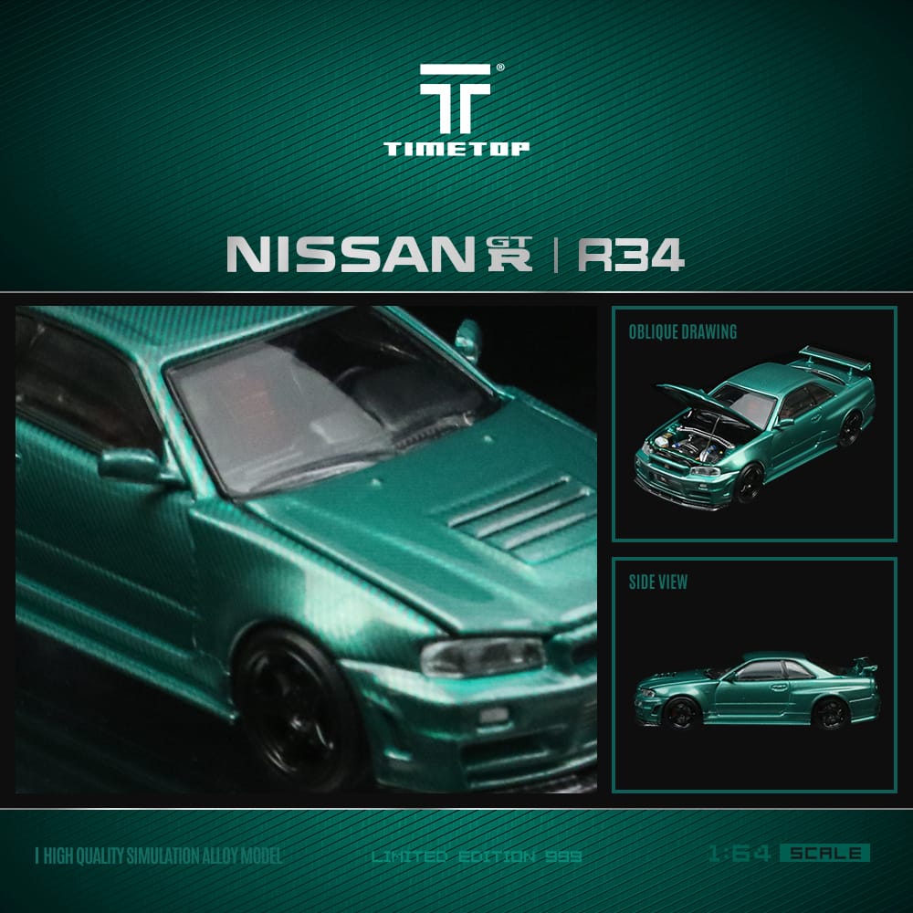 (PREORDER) TimeTop Diecast - Nissan GTR34  (Metallic Green with Gift Box Edition)