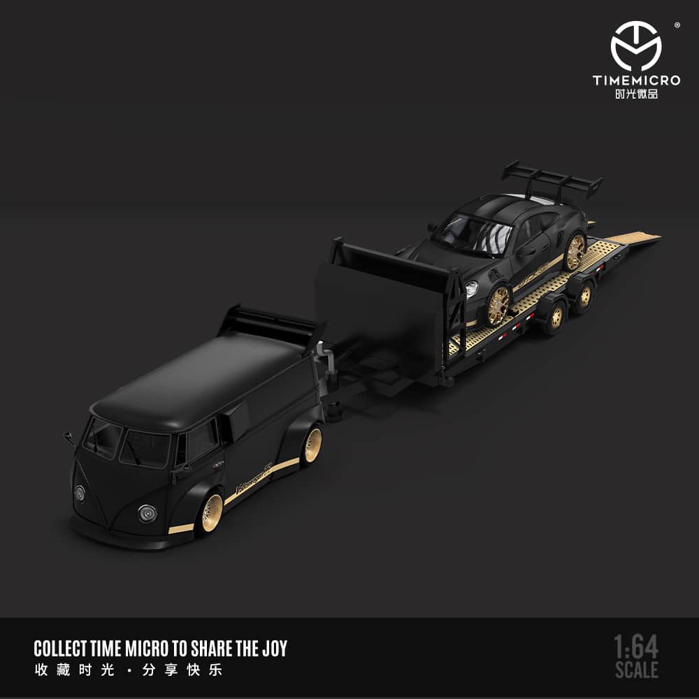 TimeMicro Black Gold VWT1 Minibus, Porsche 992 GT3 RS, & Trailer (Sold Individually or as set)
