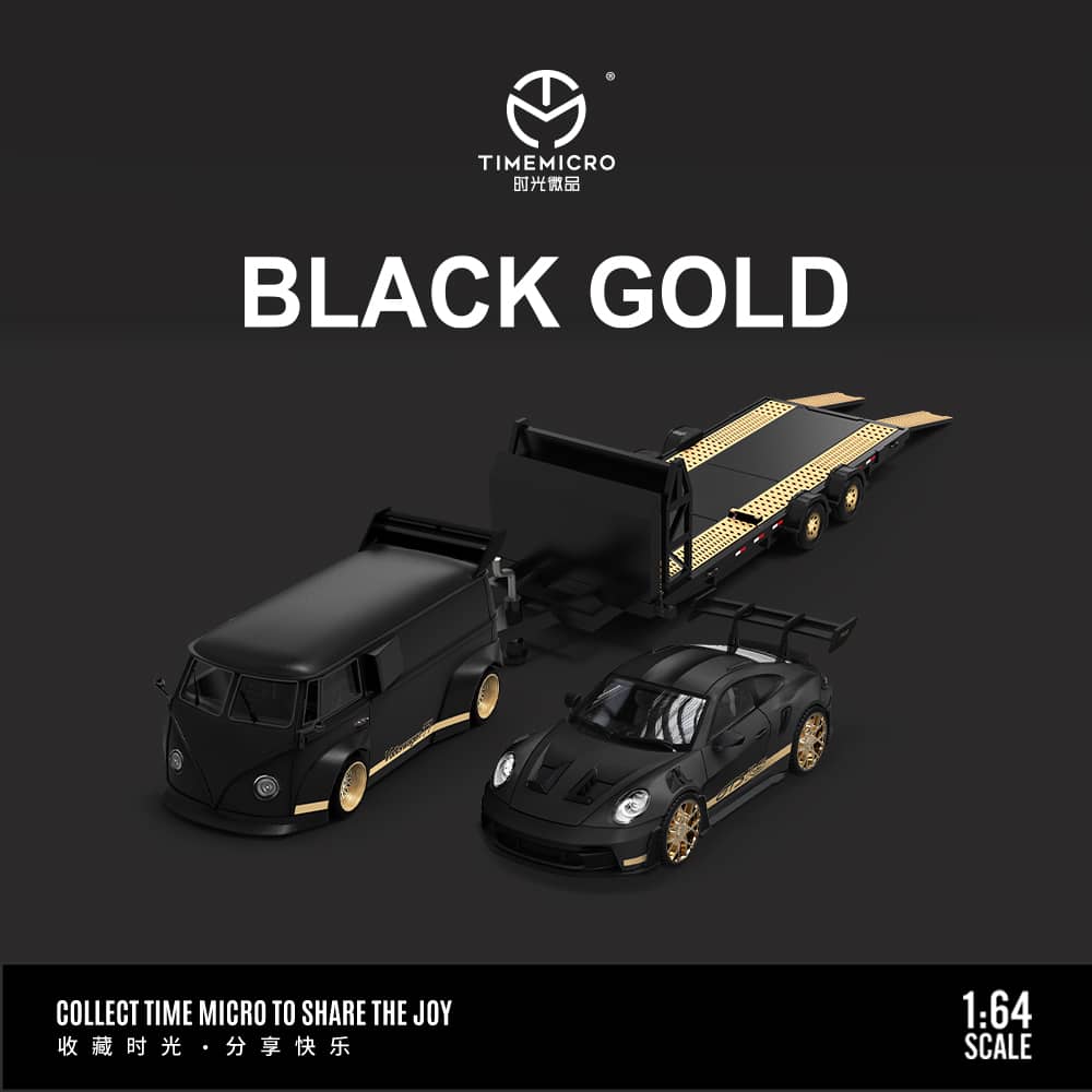 TimeMicro Black Gold VWT1 Minibus, Porsche 992 GT3 RS, & Trailer (Sold Individually or as set)