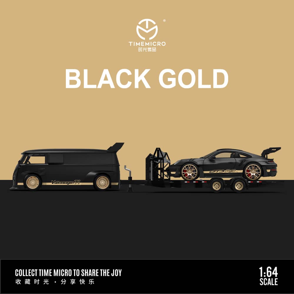 TimeMicro Black Gold VWT1 Minibus, Porsche 992 GT3 RS, & Trailer (Sold Individually or as set)