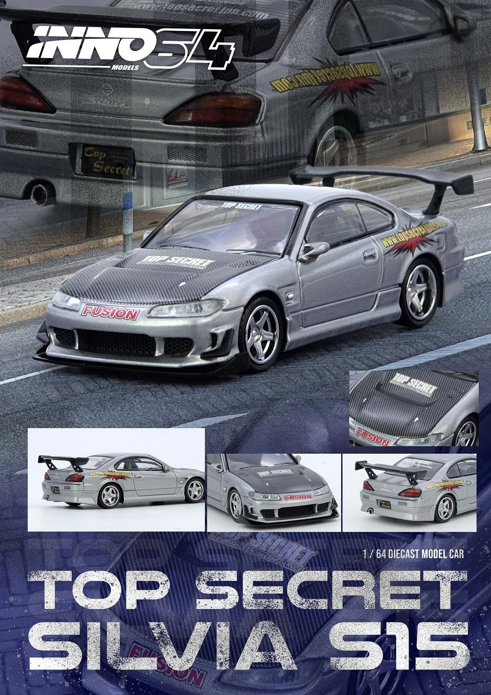Inno64 - Nissan Silvia (S14) RHD (volant à droite) bleu et violet métallisé avec bande jaune "Tomonori Idekawa's Rocket Bunny Boss"