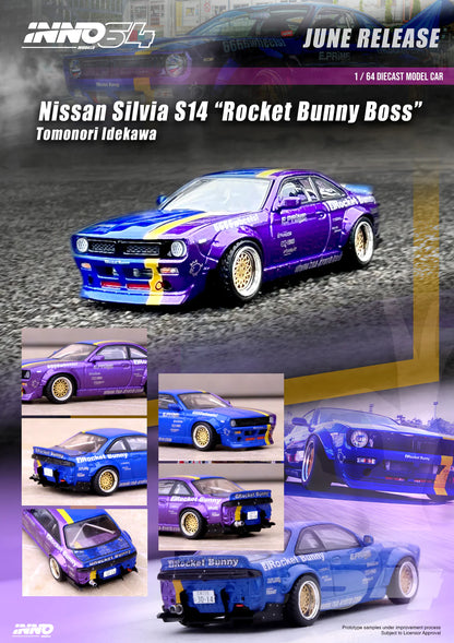 Inno64 - Nissan Silvia (S14) RHD (volant à droite) bleu et violet métallisé avec bande jaune "Tomonori Idekawa's Rocket Bunny Boss"